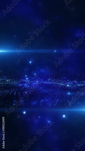 Futuristic cityscape at night with glowing lights and particles