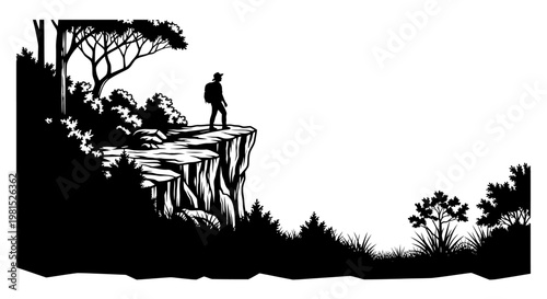 Silhouette of a lone hiker standing on a cliff's edge, overlooking a vast landscape with trees and grass, signifying adventure and exploration