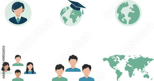 Global Education and International Business Team Icon Set with World Map Graduation Cap on Globe and Diverse People Avatars Vector Illustration for Corporate Training.