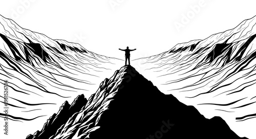 A lone figure stands triumphantly atop a jagged mountain peak, arms outstretched, embodying ultimate freedom and accomplishment after conquering nature's formidable challenge