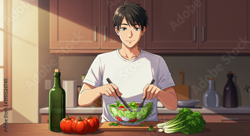 Healthy meal prep: a man, carefully preparing a vibrant salad in a bright kitchen. A harmonious blend of food and lifestyle, and capturing a moment of well-being