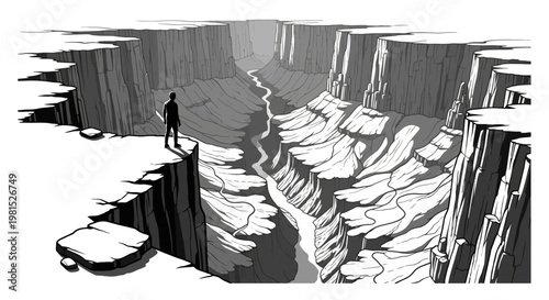 A lone figure observes a vast, winding canyon, contemplating the journey and challenging terrain ahead, depicted in a dramatic black and white illustration