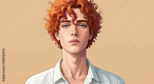 Portrait of a Young Man with Curly Red Hair: An intimate portrait of a handsome young man with striking curly red hair and piercing eyes, radiating confidence and a touch of mystery. 