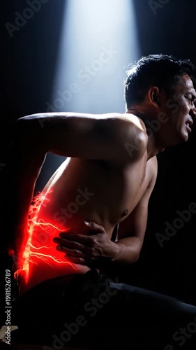 Man clutching glowing red painful lower back in dark room