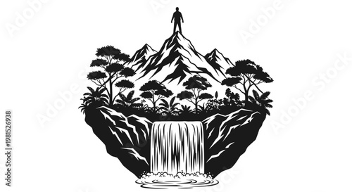 Majestic mountain peak vista with a cascading waterfall and lush tropical foliage, symbolizing adventure and achievement