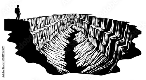 A lone figure at the edge of a deep canyon, symbolizing immense challenges, obstacles, and the courage to bridge significant gaps in life's journey