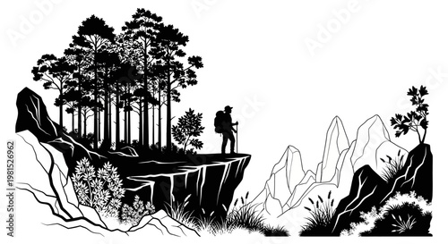 Solitary adventurer stands atop a majestic mountain cliff, gazing upon a serene forest landscape, embodying the spirit of exploration and connection with nature