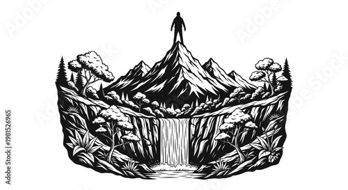 Monochrome illustration of a triumphant figure atop a majestic mountain summit, featuring a dramatic waterfall and lush forest landscape, symbolizing achievement, adventure, and personal triumph