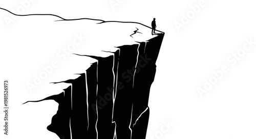 A solitary figure on a jagged cliff edge, gazing into the vast abyss below. This dramatic black and white illustration captures courage, solitude, and the unknown