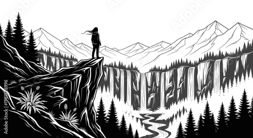 A lone explorer stands on a rugged cliff, contemplating a vast wilderness panorama of majestic mountains, dense forests, and a powerful cascading waterfall, embodying freedom and discovery