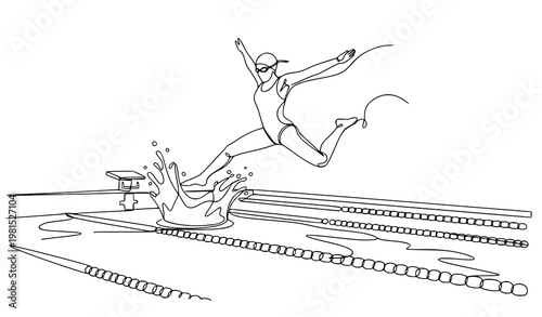 A female swimmer jumping into a swimming pool with a diving block