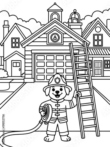 Firefighter Dog on Duty: A brave canine hero, clad in firefighter gear, stands ready, holding a hose and a ladder in front of a fire station. Symbolizing courage and community spirit.