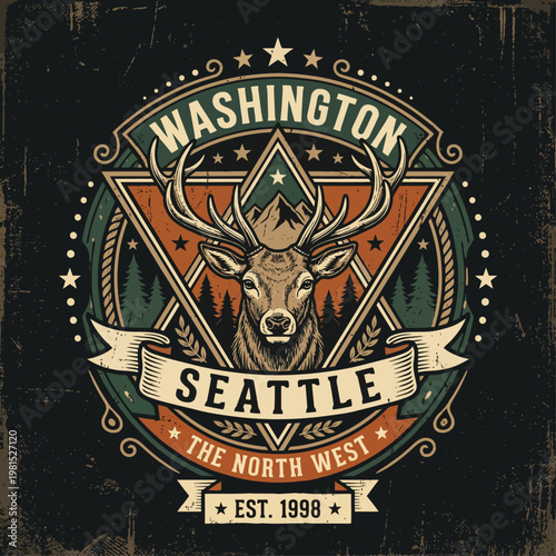 Vintage Washington Seattle Deer Badge Illustration Retro National Park Design