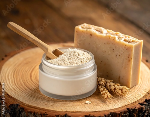 Oatmeal facial mask powder in glass jar with wooden scoop and handmade soap bar on wood slice.