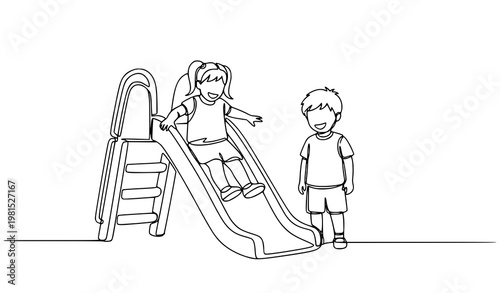 A minimalist line art illustration of children playing on a slide