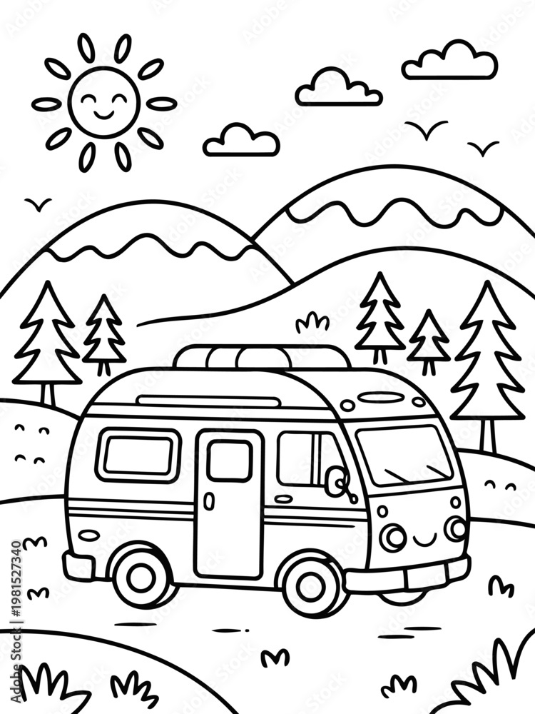 Obraz premium Adventurous Caravan in Nature: A cheerful caravan parked amidst rolling hills, embraced by the warmth of a smiling sun and fluffy clouds.