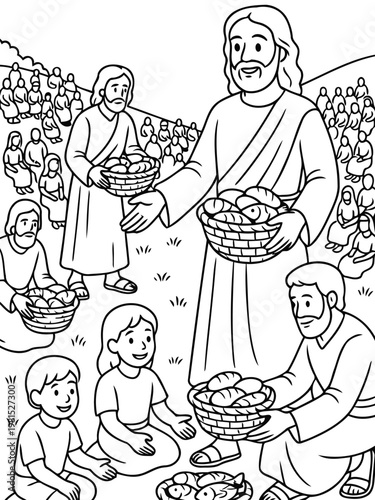 The Miracle of the Loaves and Fishes: A depiction of a biblical scene where bread and fish are multiplied to feed a multitude, a symbol of divine provision and compassion.