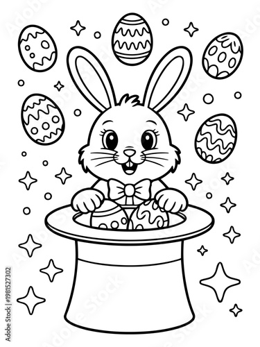 Easter Bunny's Magic Show: A charming illustration depicts a whimsical Easter bunny conjuring decorated eggs from a magician's hat, set against a backdrop of sparkling stars and Easter vibes.