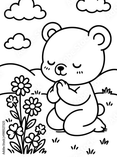 Serene Bear's Daydream: An endearing bear, eyes closed in peaceful contemplation, kneels beside a cluster of delicate flowers, embodying tranquility and sweet daydreams.