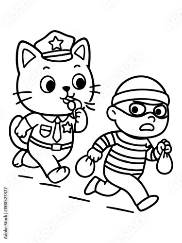 A Cat Cop Chasing a Thief: A brave cat cop pursues a sneaky thief, whistle in mouth, in a lively illustration showcasing the playful interaction of law and mischief.