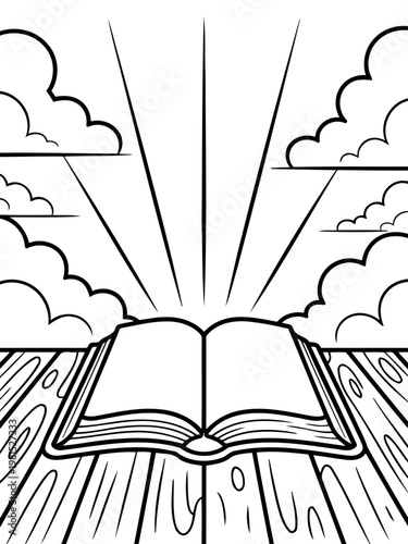 Spiritual Enlightenment: An open book, radiating light amidst clouds, symbolizes knowledge and spiritual awakening. The illustration emphasizes the illumination of wisdom.