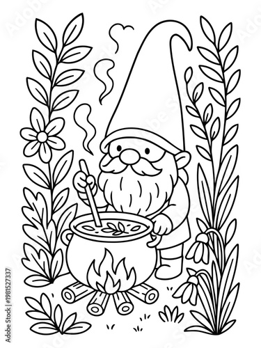 Whimsical Gnome's Brew: A cheerful gnome, nestled amidst foliage and flowers, stirs a bubbling cauldron over a warm fire, crafting a magical concoction.