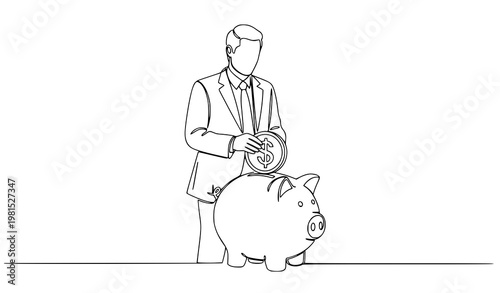 A minimalist line art illustration of a businessman putting a coin into a piggy bank