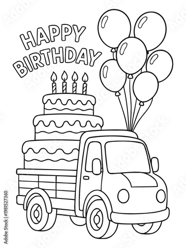 Birthday Truck with Cake and Balloons: A festive truck, brimming with a layered birthday cake topped with lit candles, carries a bunch of buoyant balloons, creating a scene of joyful celebration.