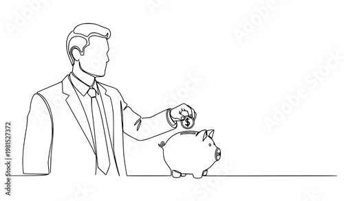 A minimalist line art illustration of a businessman putting a coin into a piggy bank