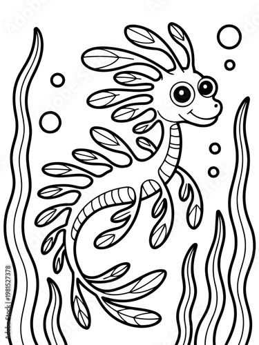 Weedy Seadragon Artwork: A detailed illustration of a weedy seadragon, with its intricate leaf-like appendages and graceful form, swims in a lively sea environment among the seaweeds and air bubbles.