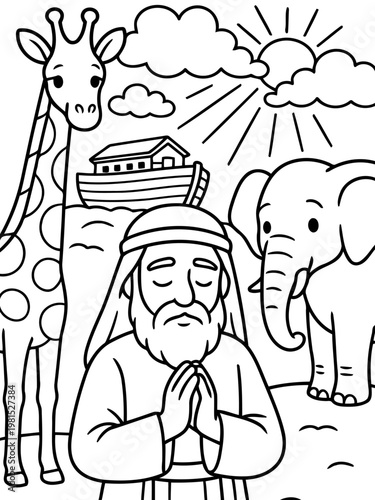 Noah's Ark Illustration: A detailed line art illustration depicts Noah, surrounded by animals, including a giraffe and an elephant, with the ark in the background, set under the radiant sun.