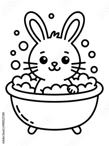 Bath Time Bliss: A cheerful bunny enjoys a bubbly bath, surrounded by playful soap bubbles, in a whimsical illustration of simple joy and cleanliness.