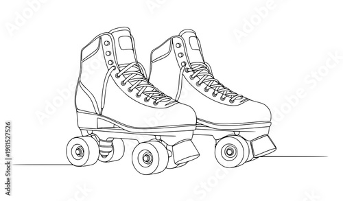 A minimalist line art illustration of roller skates on a white background