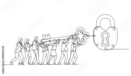 A group of business people working together to unlock a large padlock with a giant key