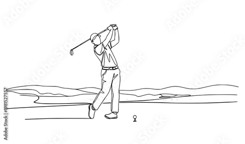 A minimalist line art illustration of a golfer swinging a club