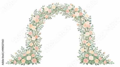 Delicate floral frame for a spring wedding invitation, showcasing a decorative arch adorned with pastel-colored roses and green leaves, set against a clean white background