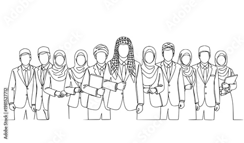 A diverse group of business professionals standing together in a line