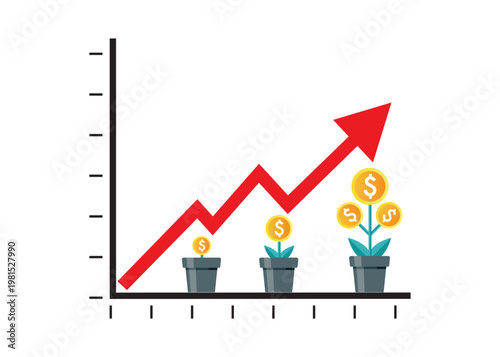 Strategic Financial Growth Chart with Rising Arrow and Money Plants