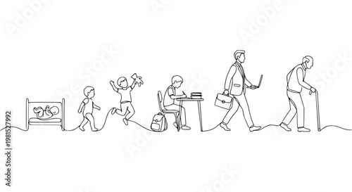 Vector illustration of a person's life journey stages from birth to old age