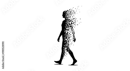 Human silhouette vector illustration showing a walking person dissolving into floating digital square pixels representing data transformation technology concepts for modern artificial intelligence .