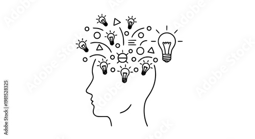 Ideas generation vector graphic illustration showing a human head silhouette filled with numerous light bulbs, symbols, and one large illuminated bulb outside, representing innovation, problem-solving