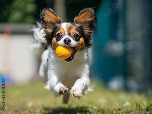 Papillon dog running on grass with yellow ball in mouth