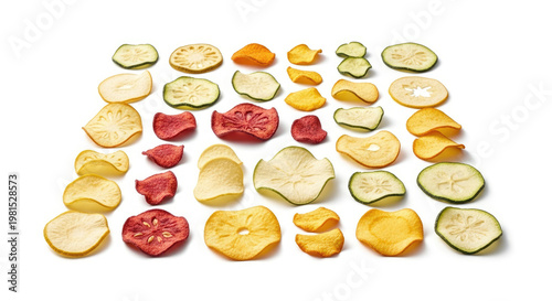 Variety of colorful dehydrated vegetable chips on a white background showcasing healthy snack options with crispy texture and natural flavors