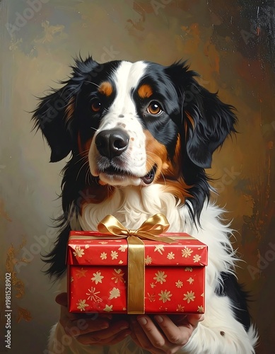 A dog holding a gift box