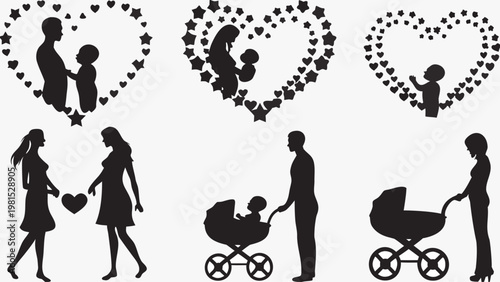 A loving father and his young child are beautifully silhouetted within a decorative heart-shaped frame adorned with delicate stars, symbolizing family bond, care, protection, and cherished moments.