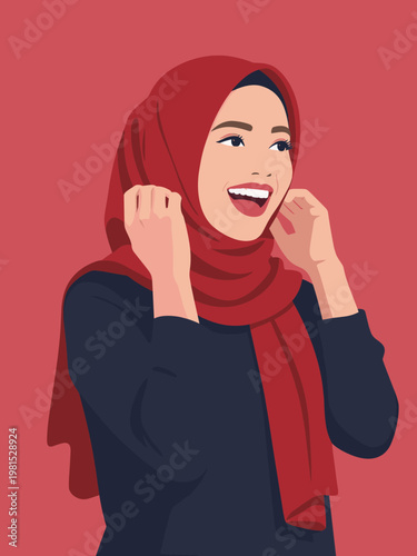Smiling woman in red hijab