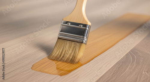 Applying varnish to wooden plank with paint brush in home improvement project showcasing wood grain and finishing for furniture restoration