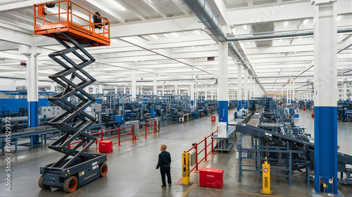 Foto Aerial platform lift in a large, modern industrial factory with a worker observi