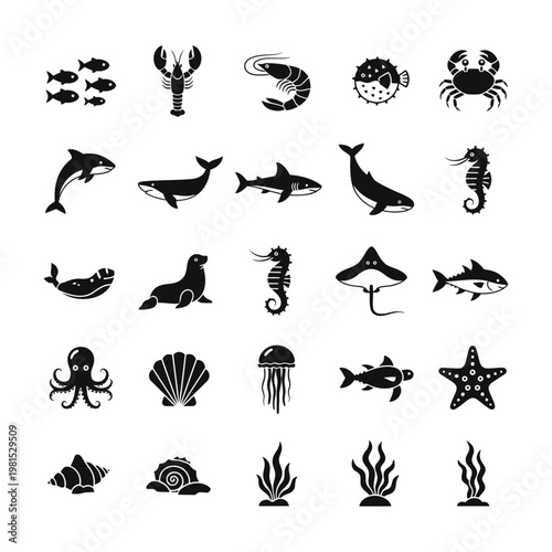 Collection of marine life illustrations including fish, crustaceans, and other sea creatures