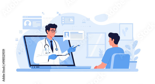 Online doctor consultation via laptop, telemedicine and healthcare technology concept